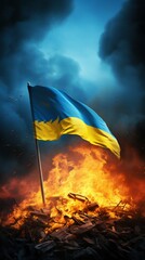 Ukrainian Flag Engulfed in Fire. Generative ai