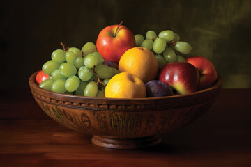 Decorative Wooden Bowl Filled with Fruit, generative AI