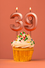 Candle number 39 - Cake birthday in coral fusion background