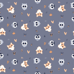 Seamless pattern with owls, fox, twigs with leaves and fir cones, mistletoe, on a dark gray background, childish vector digital illustration.
