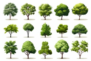 Fototapeta premium Collection of Beautiful Trimmed Urban Trees Isolated on White Background. Generative ai
