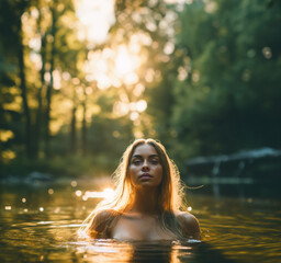 Beautiful young woman swimming naked in small pond in forest, Generative AI Illustration