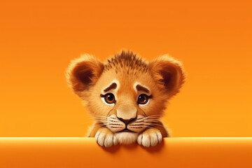Cute little lion character cub peeking from behind blank banner on orange background 