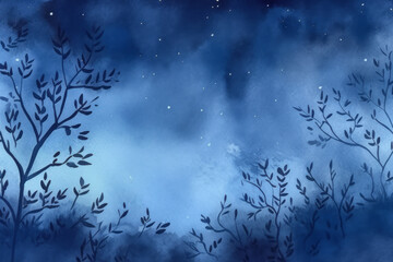 A dreamy AI generated watercolor background of blue hues adorned with night stars, branches, and leaves, creating a whimsical and serene atmosphere.