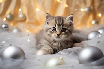 Cute kitten plays with Christmas tree balls. Generative AI