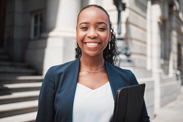 Happy black woman, lawyer and portrait smile in confidence for career ambition in the city. Face of...