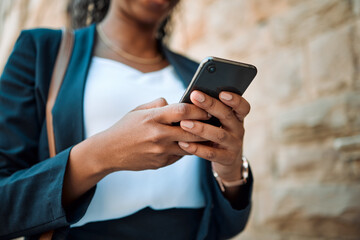 Hands, smartphone and woman typing, social media search and closeup with chat online, communication and technology. Internet connection, text message or email, female person and using phone with app