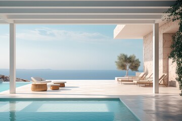 a Professional Shot of a Luxury and Modern Mansion in Greece near the Sea. Generative AI.