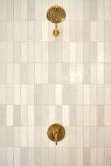 Gold Shower Head on Tiled Wall - 621292356