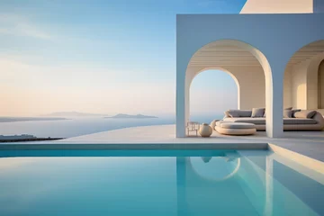 Rolgordijnen a Professional Shot of a Luxury and Modern Mansion in Greece near the Sea. Generative AI. © Boss