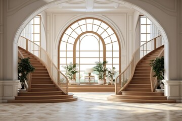 Interior Design of a Huge Mansion with the Style of a Monaster, Big Stairs. Generative AI.