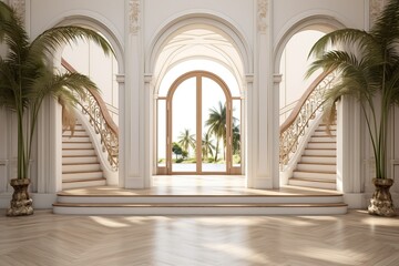 Interior Design of a Huge Mansion with the Style of a Monaster, Big Stairs. Generative AI.