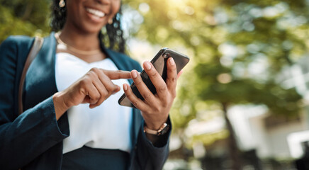 Typing, hand and a woman with phone in city for communication, social media and an email. Smile,...