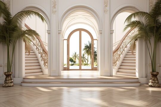 Interior Design of a Huge Mansion with the Style of a Monaster, Big Stairs. Generative AI.