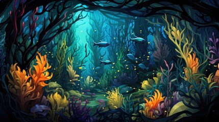 Fototapeta na wymiar Among the fronds, colorful fish swim in kelp forests. (Illustration, Generative AI)