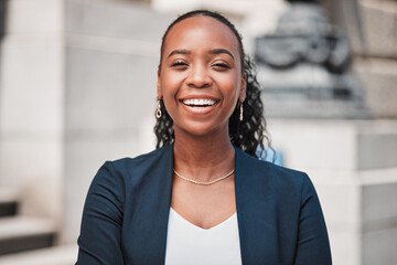 Laughing, lawyer or portrait of happy black woman with joy or confidence working in a law firm. Face, empowerment or proud African attorney with leadership, smile or vision by legal agency building