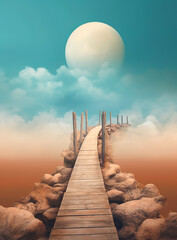 Generative AI: fantasy landscape with wooden bridge to the sky amd big moon