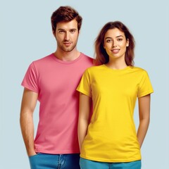 Fototapeta premium Illustration of a fashion portrait with plain t-shirt mockup, AI Generated