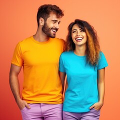 Fototapeta premium Illustration of a fashion portrait with plain t-shirt mockup, AI Generated