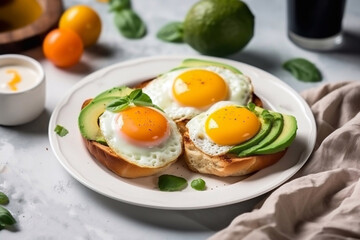 Fried egg and avocado toast. Healthy breakfast. Restaurant serving. Generative AI.