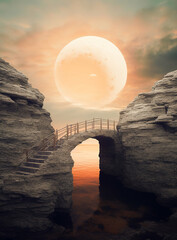 Generative AI: fantasy landscape with wooden bridge to the sky amd big moon