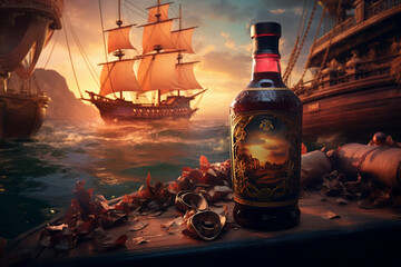 bottle of rum or whiskey on a beach with a pirate ship on the background - obrazy, fototapety, plakaty