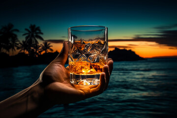 male hand holding a glass of rum or whiskey with ice