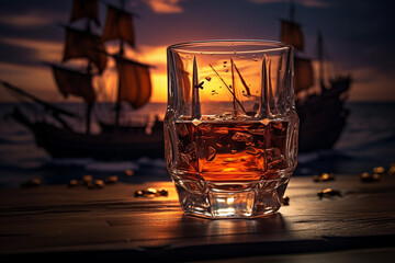 glass of rum or whiskey over table with lemons - obrazy, fototapety, plakaty