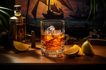 glass of rum or whiskey over table with lemons