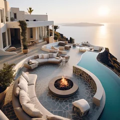 Tuinposter a Professional Shot of a Luxury and Modern Mansion in Greece near the Sea. Generative AI. © Boss