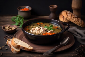 Meat soup with spicy herbs, AI Generated