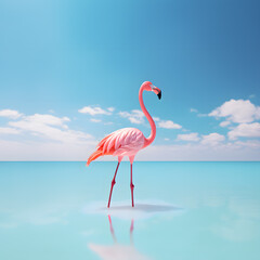 A beautiful pink pelican is standing in the sea water. In the distance the open sea, the horizon and the blue sky with clouds in the distance. Minimal concept summer