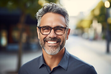 Portrait of happy mature man wearing spectacles and looking at camera outdoor. Man with beard and glasses feeling confident. Close up face of hispanic business man smiling, generative AI