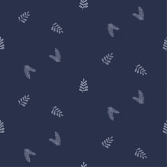 Seamless pattern with sprigs with leaves, spruce branches on a dark blue background, vector children's digital illustration.