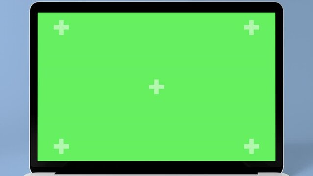 Green Screen Display Laptop Opens and Zoom In on a Blue Background. Empty Green Mock-up Monitor for Video Call, Website Template Presentation or Game Applications. Blank Screen Monitor 3D render