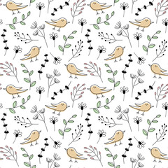 Cute hand drawn abstract background illustration with birds, flowers and berries on white background. Doodle seamless pattern.