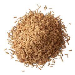 pile of paddy husk or rice husk, aka yellow rice chaff, rice husk or rice hull, outermost layer of the rice grain to use as animal feed, isolated background, taken from above