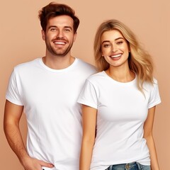 Obraz premium Illustration of a fashion portrait with plain t-shirt mockup, AI Generated
