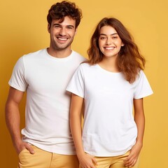 Fototapeta premium Illustration of a fashion portrait with plain t-shirt mockup, AI Generated