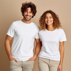 Obraz premium Illustration of a fashion portrait with plain t-shirt mockup, AI Generated
