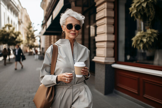Photo of a senior gray haired woman with coffee walking along the city street. Elderly Female on business break in front of building