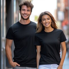 Fototapeta premium Illustration of a fashion portrait with plain t-shirt mockup, AI Generated