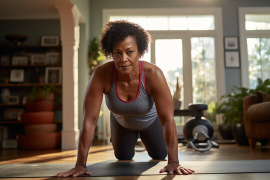 Elderly black woman does push-ups to keep fit after 60.