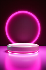 Pink podium and minimal abstract background round geometric shape and neon light. Empty stand for new product, promotion sale, banner, presentation, cosmetic or website in modern style. Generative AI