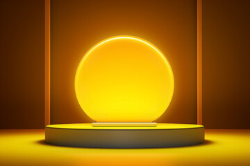 Empty concept stage showcase for new product, promotion sale, banner, presentation, cosmetic. Minimal modern podium yellow display round geometric shape and neon light. Generative AI