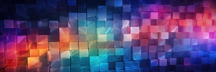 Abstract 3D background with pattern in colors and geometric shapes cubes with copy space. Soft neon light on multicolored figures. Generative AI