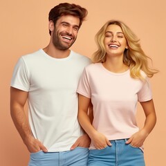 Fototapeta premium Illustration of a fashion portrait with plain t-shirt mockup, AI Generated