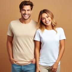 Obraz premium Illustration of a fashion portrait with plain t-shirt mockup, AI Generated