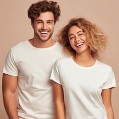 Obraz premium Illustration of a fashion portrait with plain t-shirt mockup, AI Generated