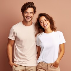 Obraz premium Illustration of a fashion portrait with plain t-shirt mockup, AI Generated